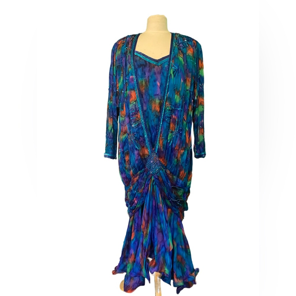 80s vintage Fantasy Lisa Kane silk beaded tie dye blue maxi ruffle costume dress